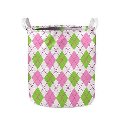 Pink Green And White Argyle Print Collapsible Laundry Basket