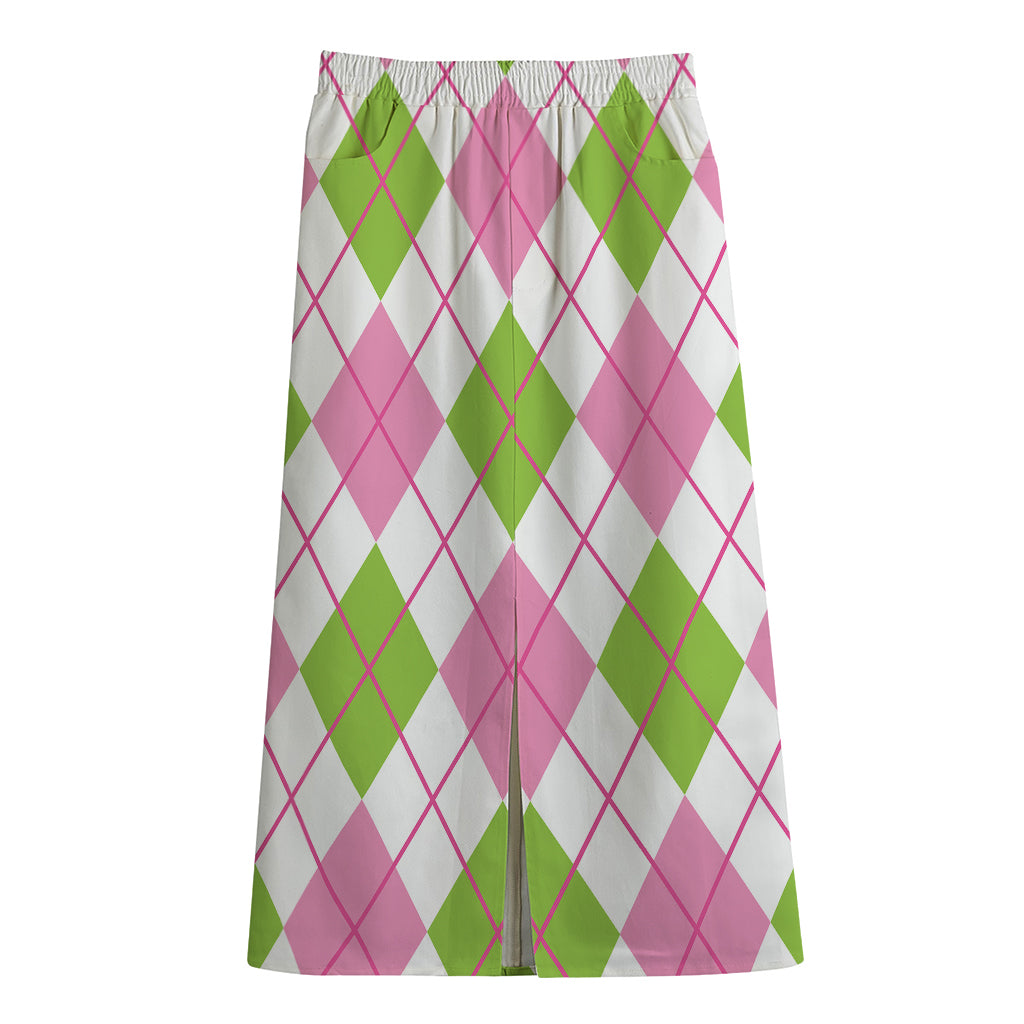 Pink Green And White Argyle Print Cotton Front Slit Maxi Skirt