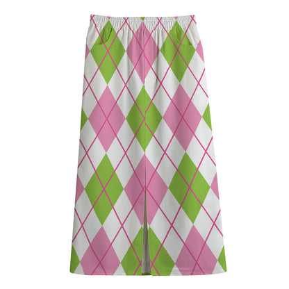Pink Green And White Argyle Print Cotton Front Slit Maxi Skirt