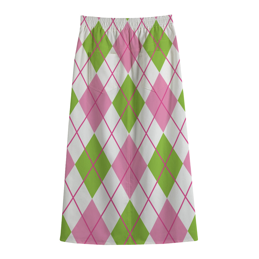 Pink Green And White Argyle Print Cotton Front Slit Maxi Skirt