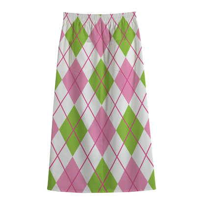 Pink Green And White Argyle Print Cotton Front Slit Maxi Skirt