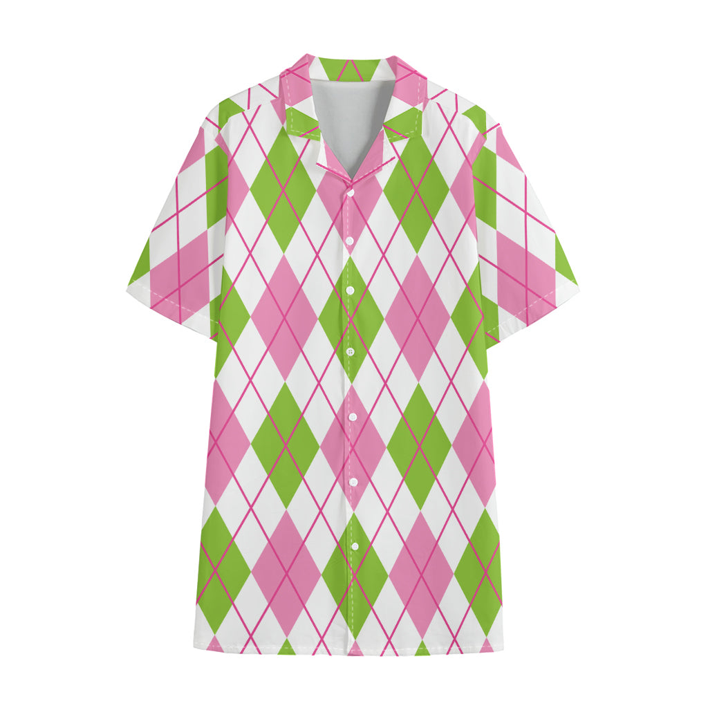Pink Green And White Argyle Print Cotton Hawaiian Shirt