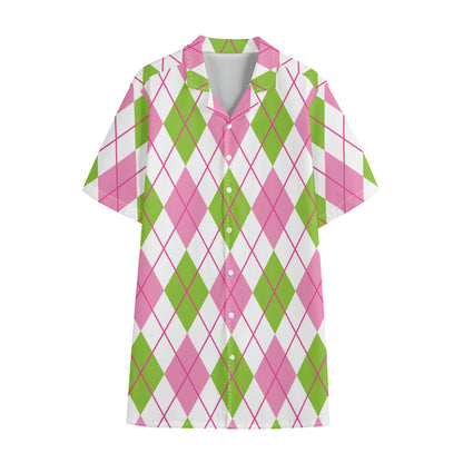 Pink Green And White Argyle Print Cotton Hawaiian Shirt