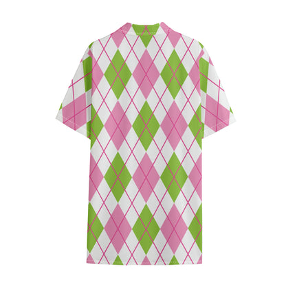 Pink Green And White Argyle Print Cotton Hawaiian Shirt