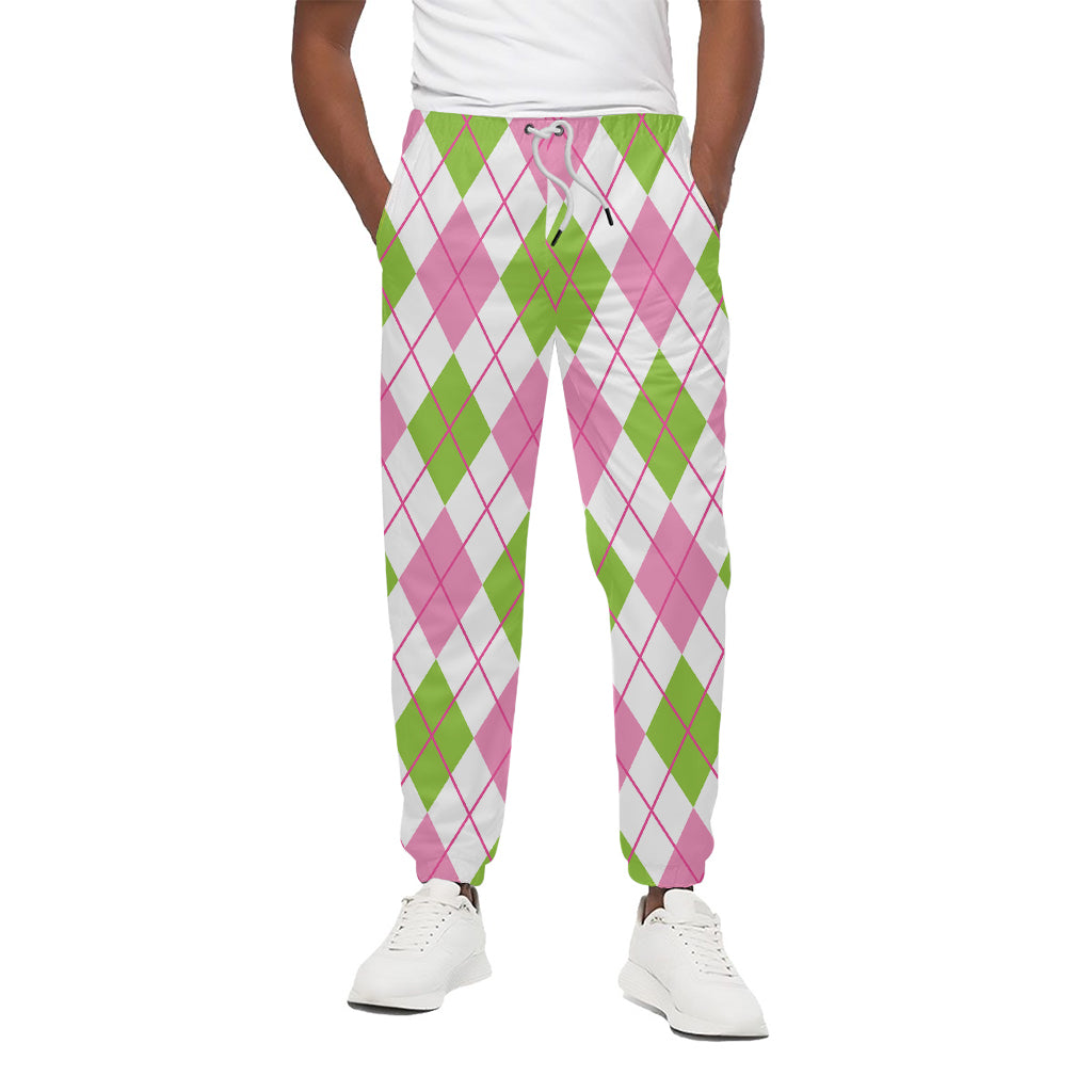 Pink Green And White Argyle Print Cotton Pants
