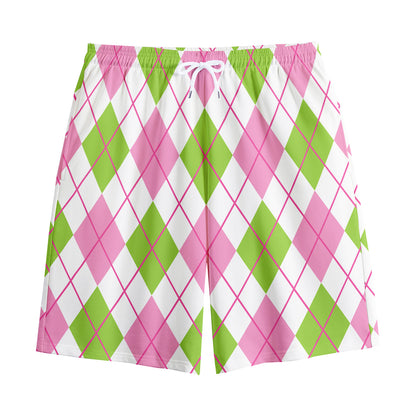 Pink Green And White Argyle Print Cotton Shorts