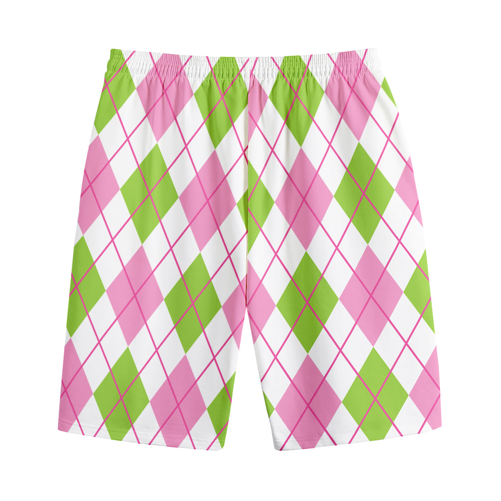 Pink Green And White Argyle Print Cotton Shorts
