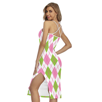 Pink Green And White Argyle Print Cross Back Cami Dress