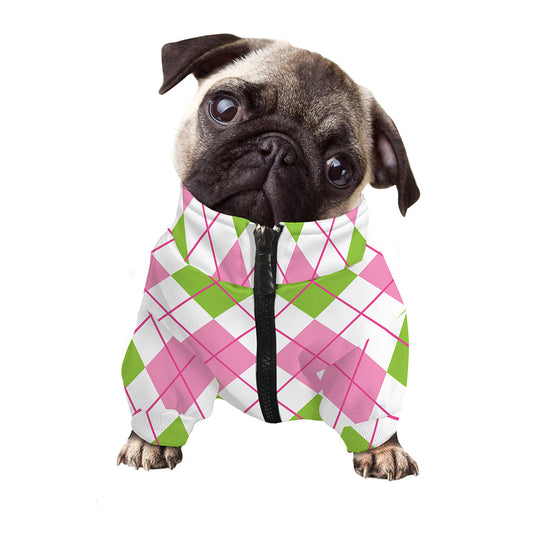 Pink Green And White Argyle Print Dog Zip Up Jacket