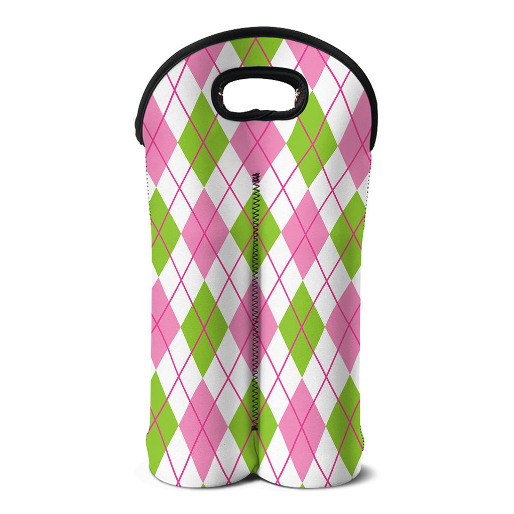 Pink Green And White Argyle Print Double Neoprene Wine Tote