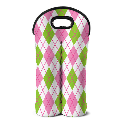 Pink Green And White Argyle Print Double Neoprene Wine Tote