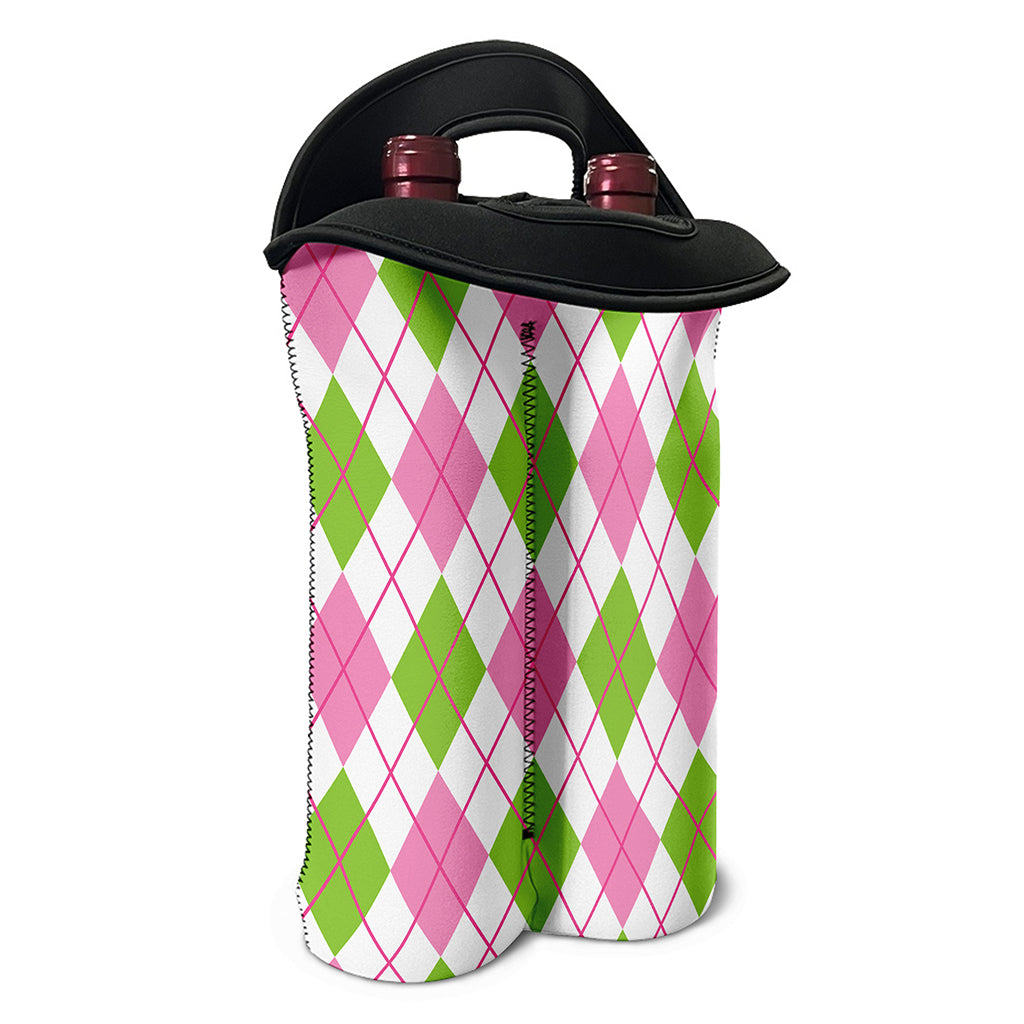 Pink Green And White Argyle Print Double Neoprene Wine Tote