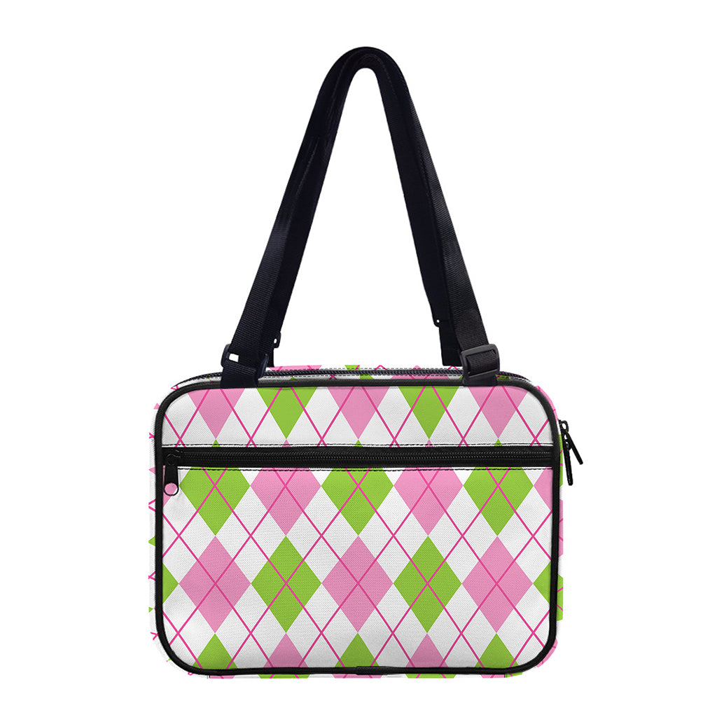Pink Green And White Argyle Print Double Strap Bible Bag