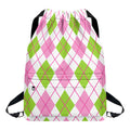 Pink Green And White Argyle Print Drawstring Backpack