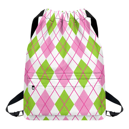 Pink Green And White Argyle Print Drawstring Backpack