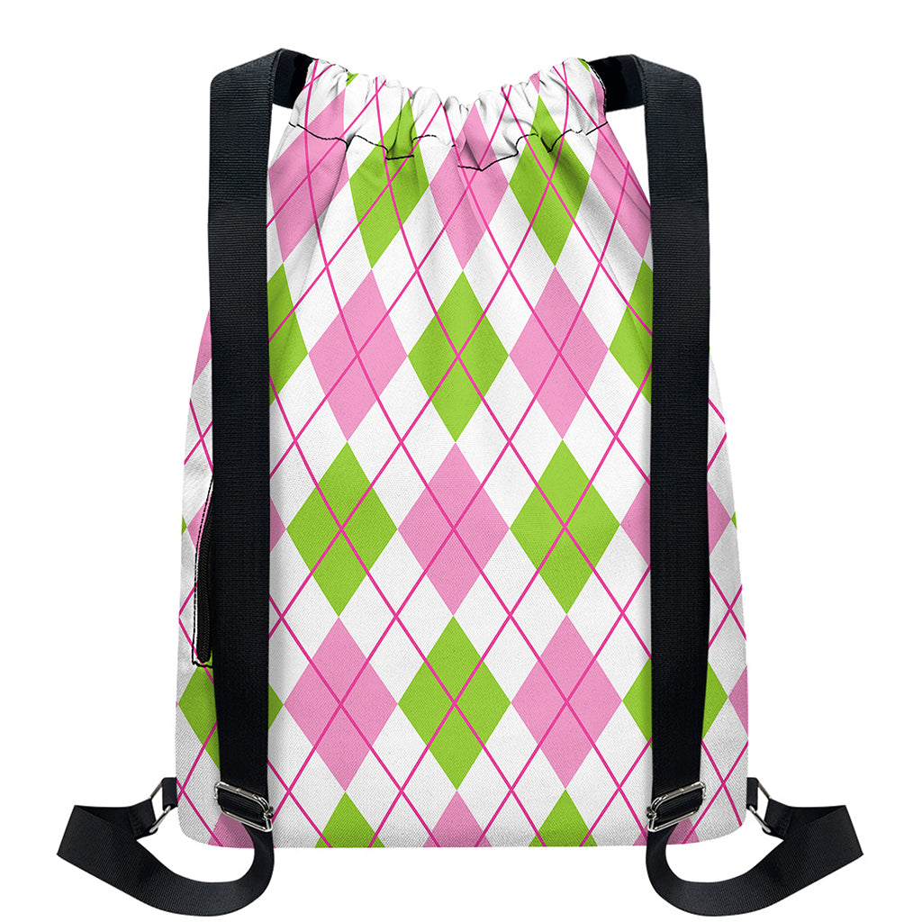 Pink Green And White Argyle Print Drawstring Backpack