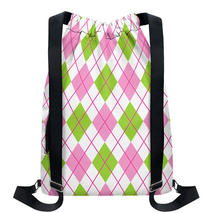 Pink Green And White Argyle Print Drawstring Backpack