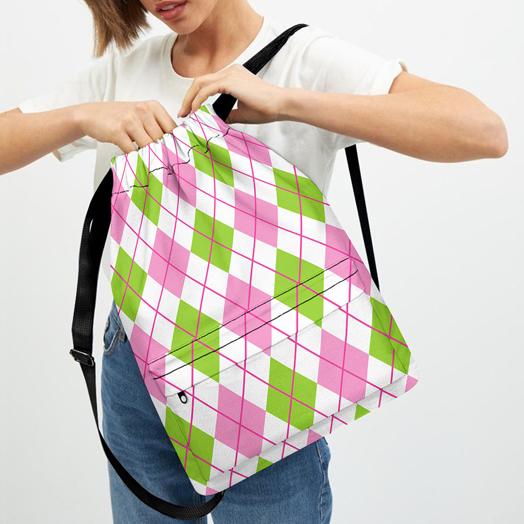 Pink Green And White Argyle Print Drawstring Backpack