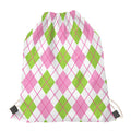 Pink Green And White Argyle Print Drawstring Bag