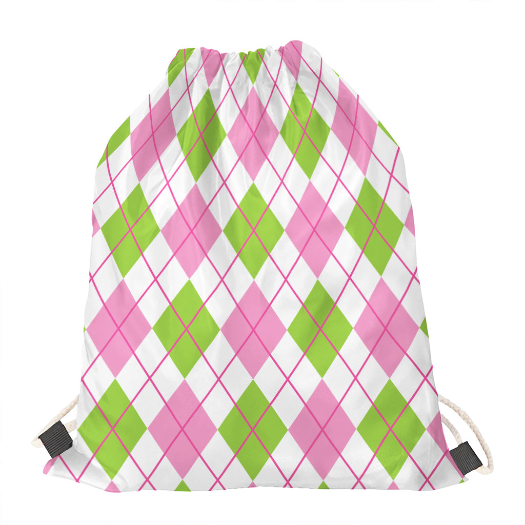 Pink Green And White Argyle Print Drawstring Bag