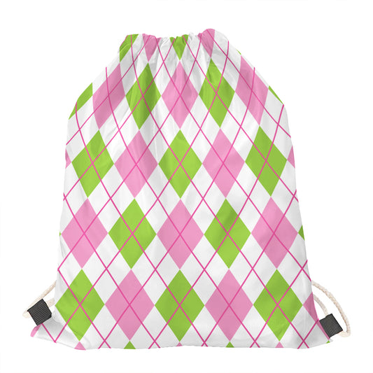 Pink Green And White Argyle Print Drawstring Bag