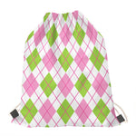Pink Green And White Argyle Print Drawstring Bag