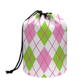 Pink Green And White Argyle Print Drawstring Makeup Bag