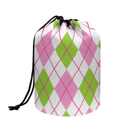 Pink Green And White Argyle Print Drawstring Makeup Bag