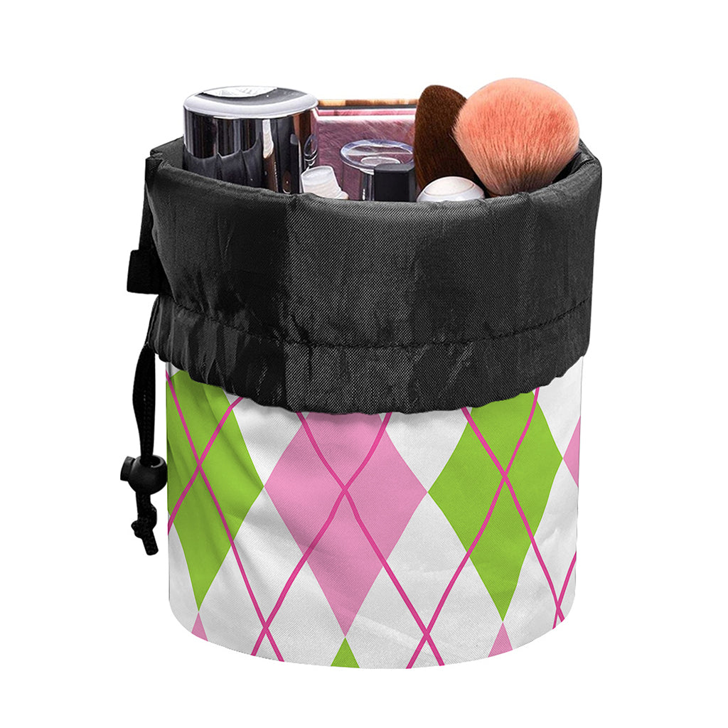 Pink Green And White Argyle Print Drawstring Makeup Bag
