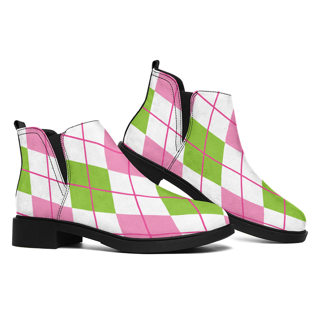 Pink Green And White Argyle Print Flat Ankle Boots