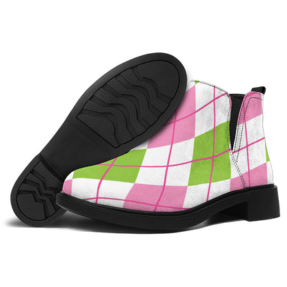 Pink Green And White Argyle Print Flat Ankle Boots