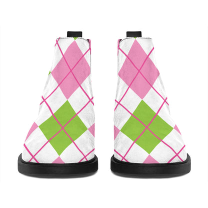 Pink Green And White Argyle Print Flat Ankle Boots