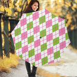 Pink Green And White Argyle Print Foldable Umbrella