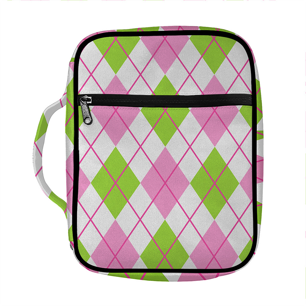 Pink Green And White Argyle Print Front Pocket Bible Bag
