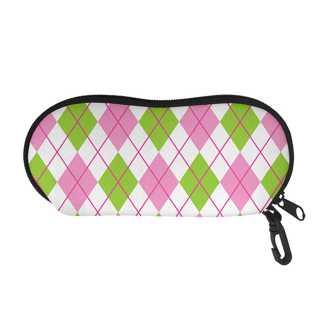 Pink Green And White Argyle Print Glasses Case