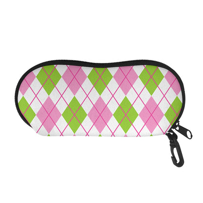 Pink Green And White Argyle Print Glasses Case