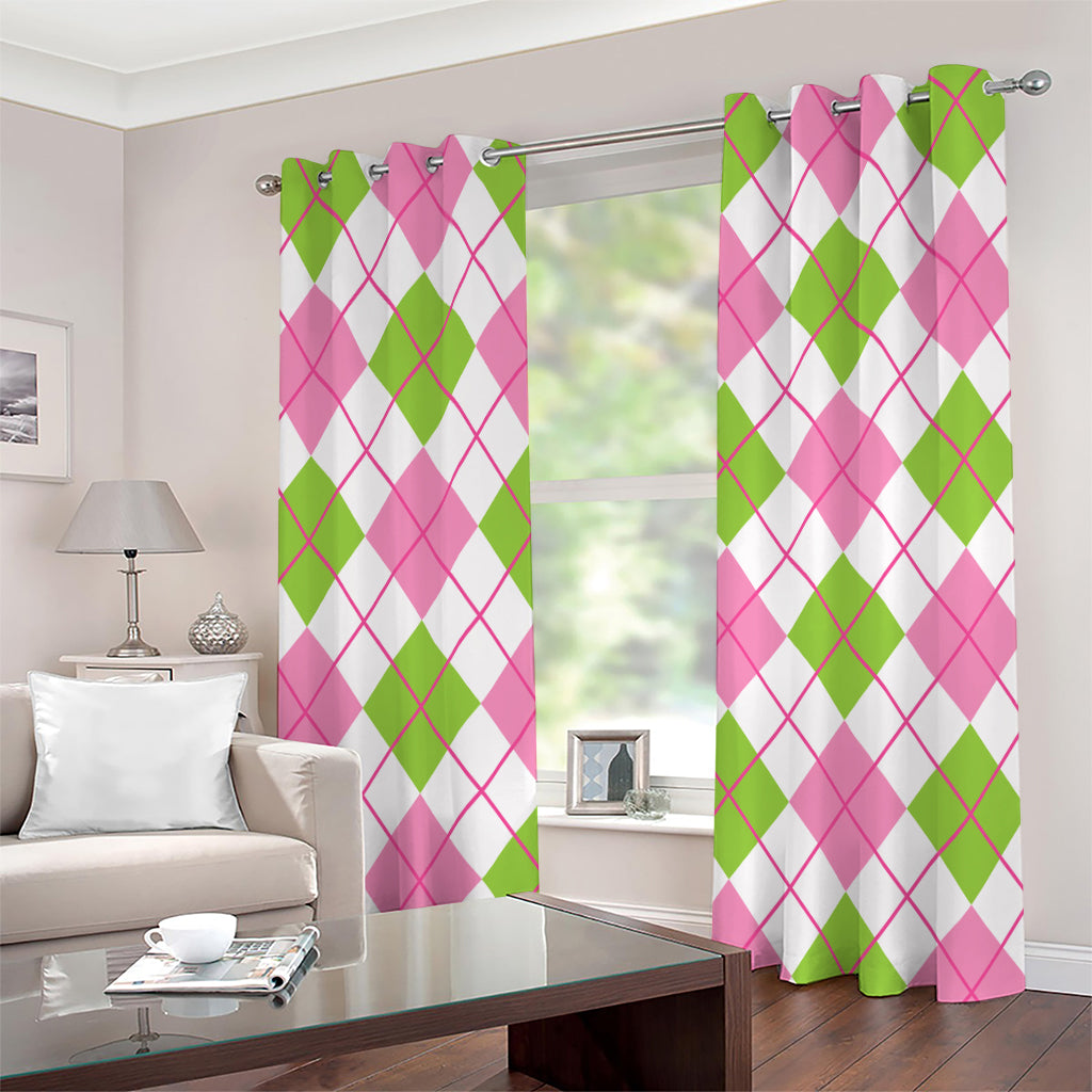 Pink Green And White Argyle Print Grommet Curtains