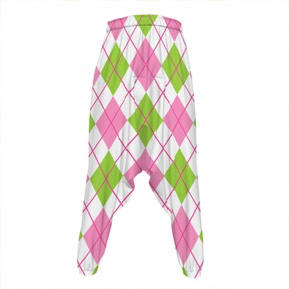 Pink Green And White Argyle Print Hammer Pants