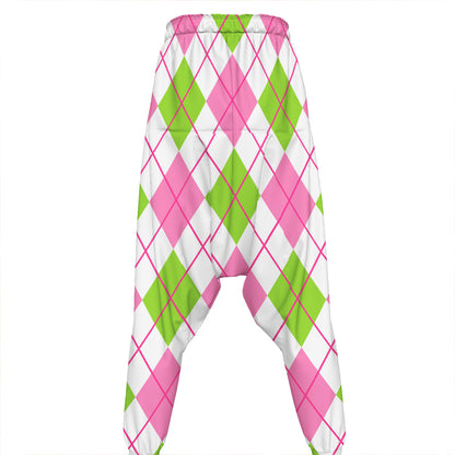 Pink Green And White Argyle Print Hammer Pants