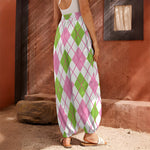 Pink Green And White Argyle Print Harem Pants