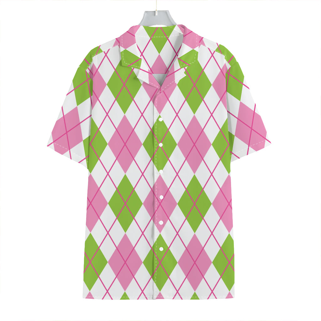 Pink Green And White Argyle Print Hawaiian Shirt