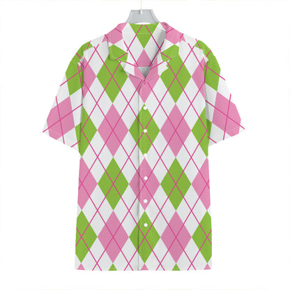 Pink Green And White Argyle Print Hawaiian Shirt