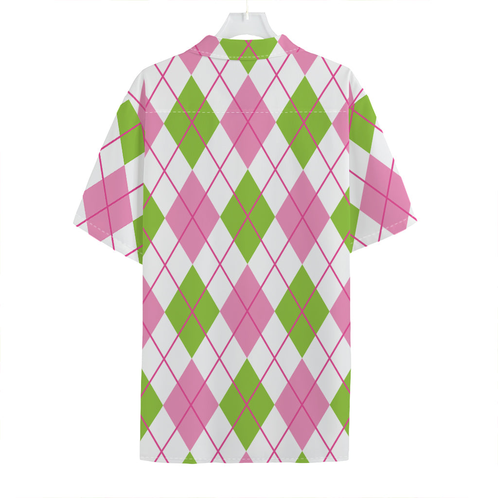 Pink Green And White Argyle Print Hawaiian Shirt