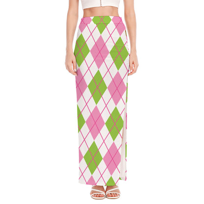 Pink Green And White Argyle Print High Slit Maxi Skirt