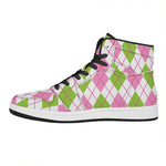 Pink Green And White Argyle Print High Top Leather Sneakers