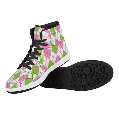 Pink Green And White Argyle Print High Top Leather Sneakers