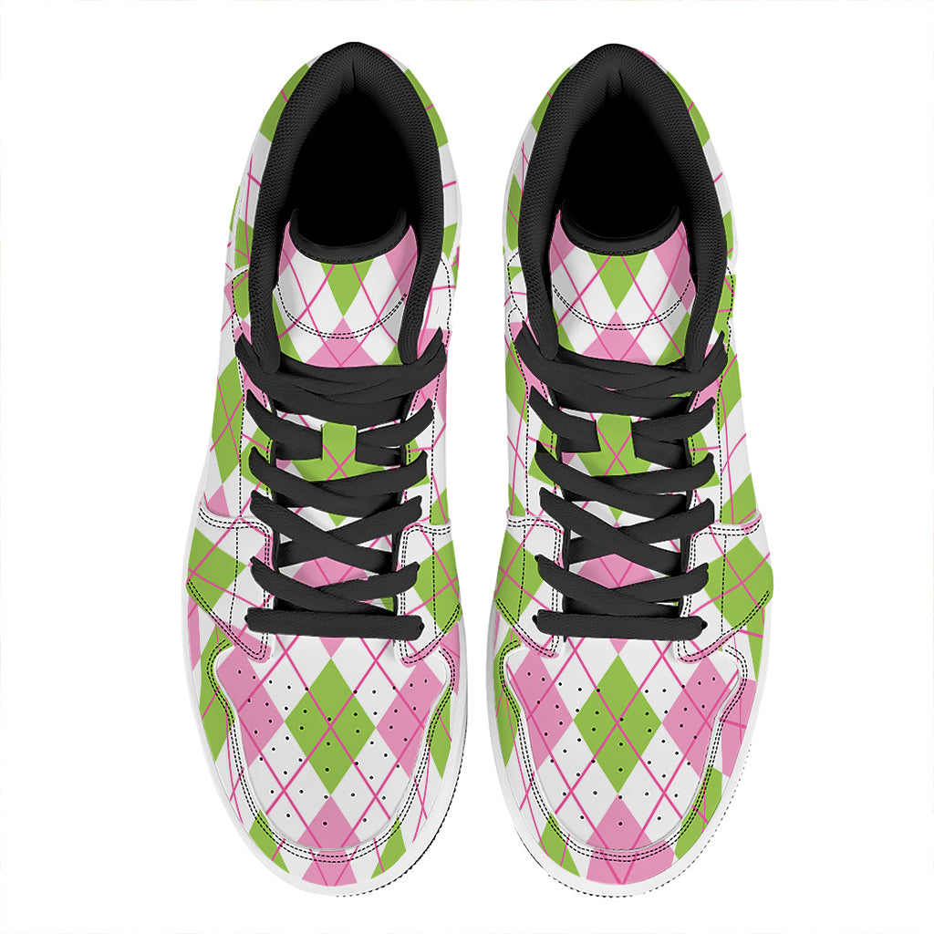 Pink Green And White Argyle Print High Top Leather Sneakers