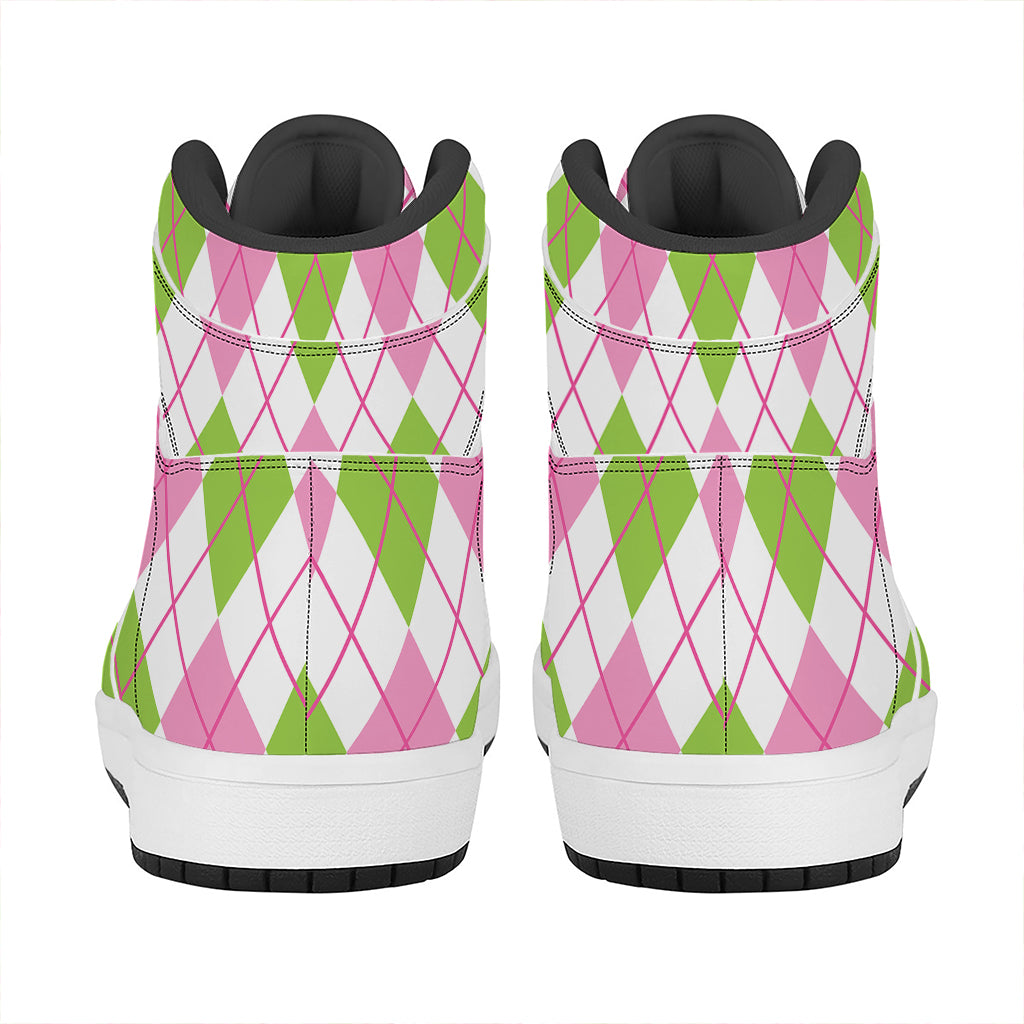 Pink Green And White Argyle Print High Top Leather Sneakers