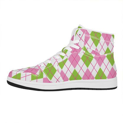 Pink Green And White Argyle Print High Top Leather Sneakers