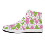Pink Green And White Argyle Print High Top Leather Sneakers